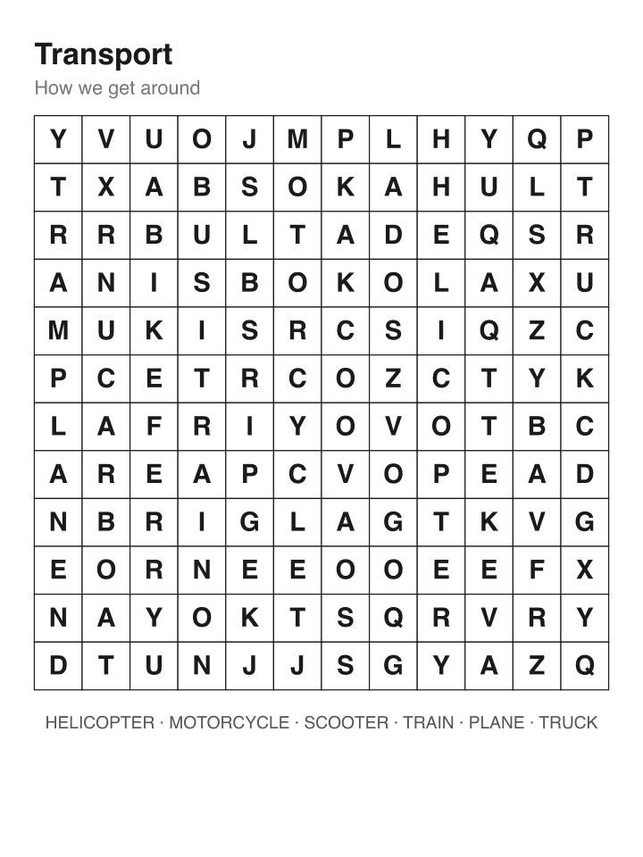 Transport word search puzzle, 12 by 12 grid
