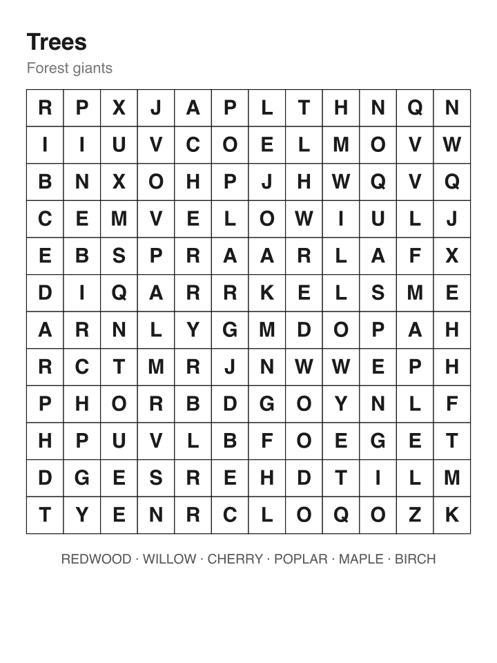 Trees word search puzzle, 12 by 12 grid