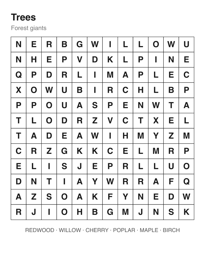 Trees word search puzzle, 12 by 12 grid