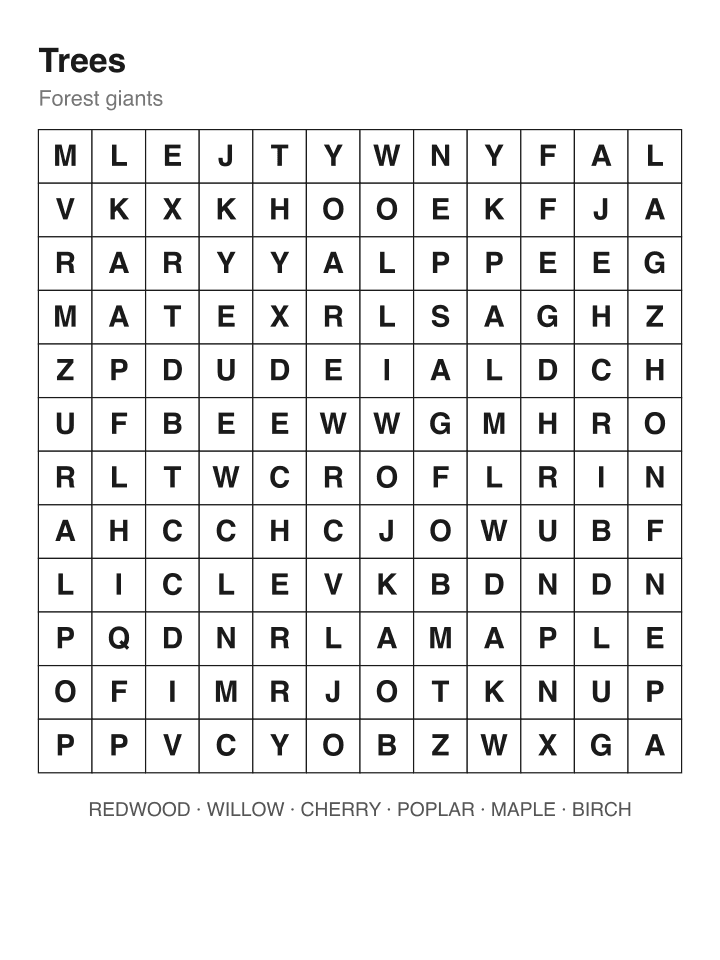 Trees word search puzzle, 12 by 12 grid
