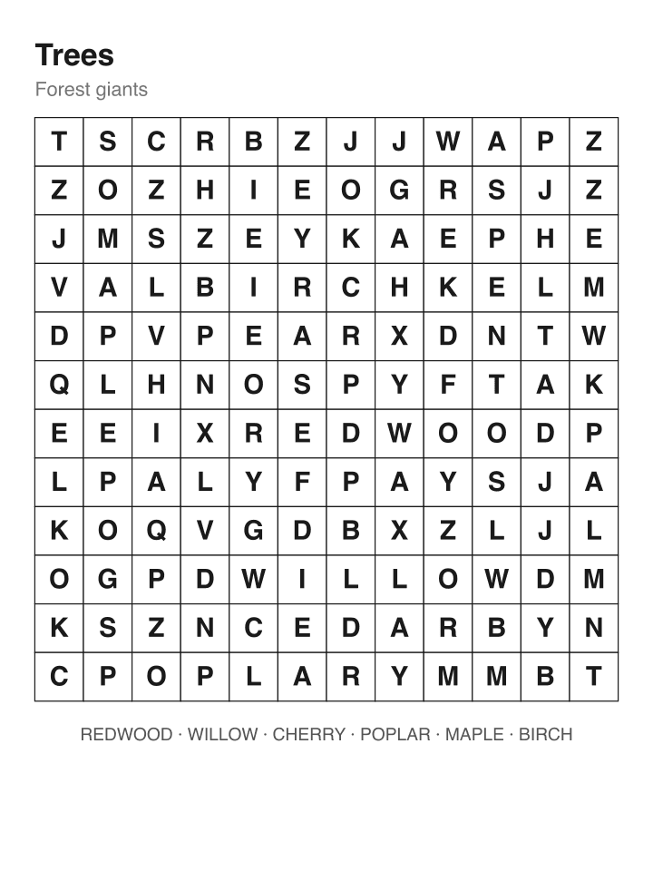 Trees word search puzzle, 12 by 12 grid