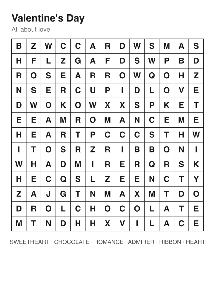 Valentine's Day word search puzzle, 13 by 13 grid