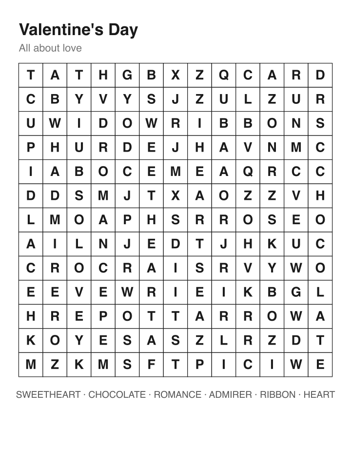 Valentine's Day word search puzzle, 13 by 13 grid