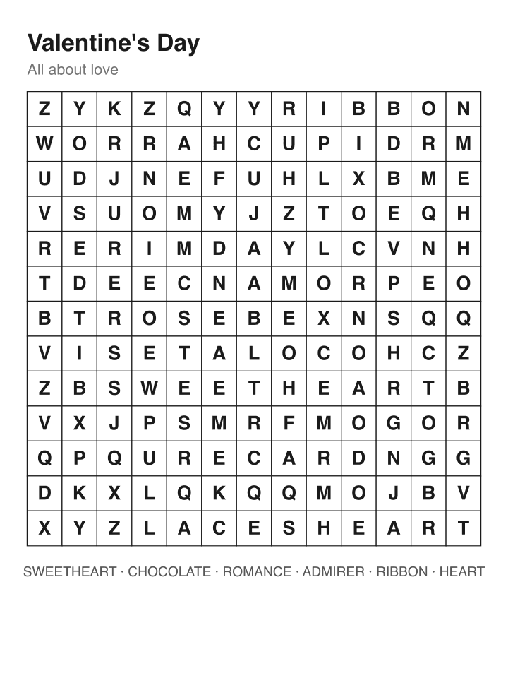 Valentine's Day word search puzzle, 13 by 13 grid