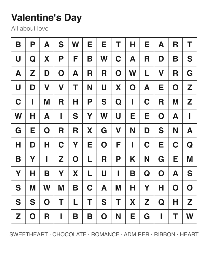 Valentine's Day word search puzzle, 13 by 13 grid