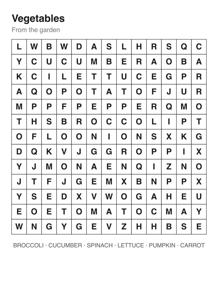 Vegetables word search puzzle, 13 by 13 grid