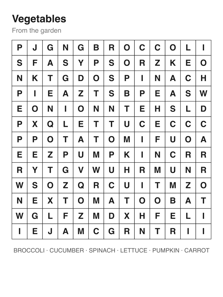 Vegetables word search puzzle, 13 by 13 grid