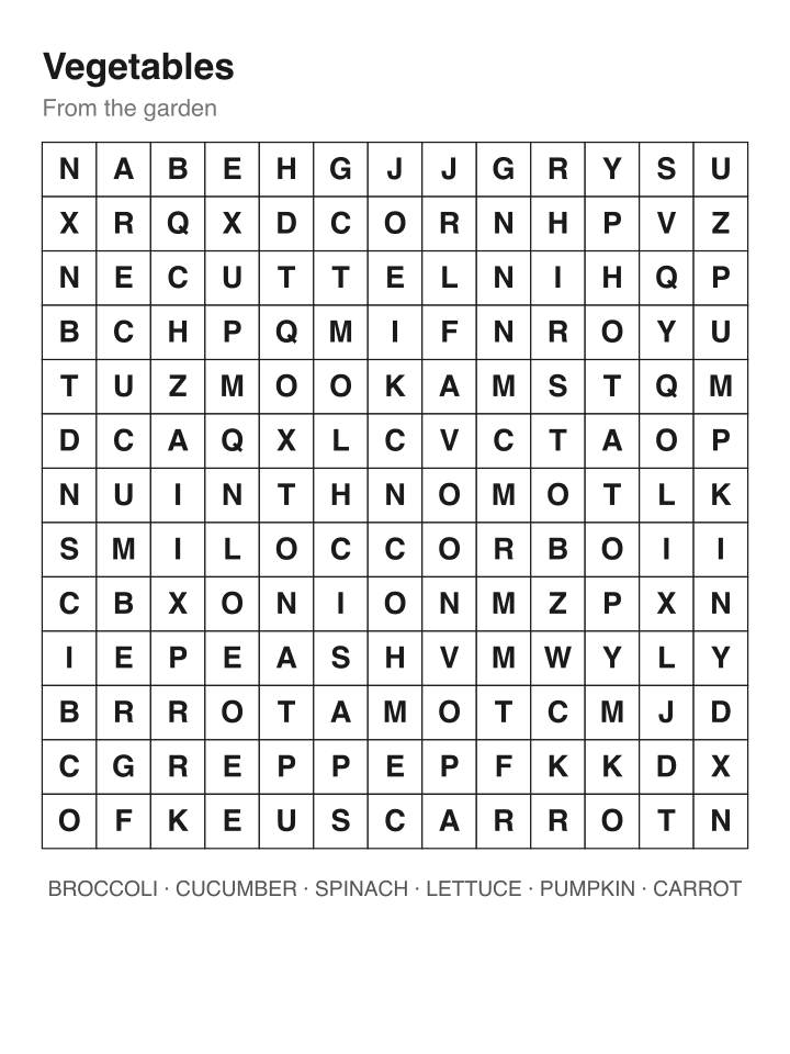 Vegetables word search puzzle, 13 by 13 grid