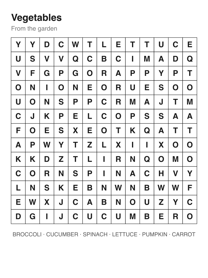 Vegetables word search puzzle, 13 by 13 grid