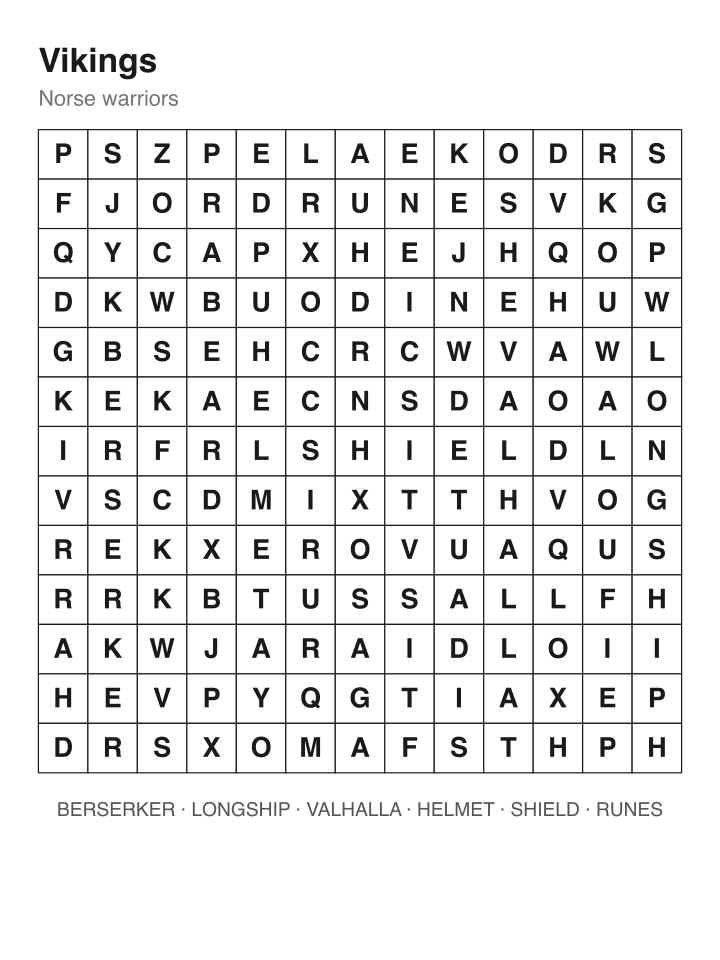 Vikings word search puzzle, 13 by 13 grid