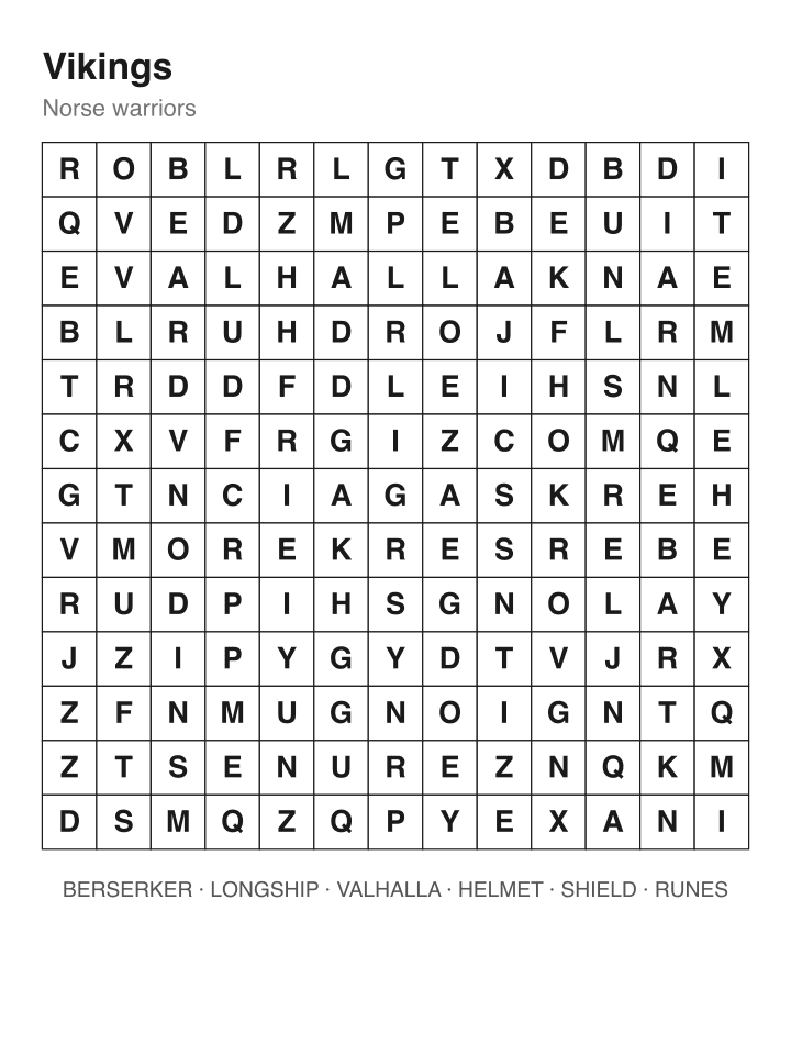 Vikings word search puzzle, 13 by 13 grid