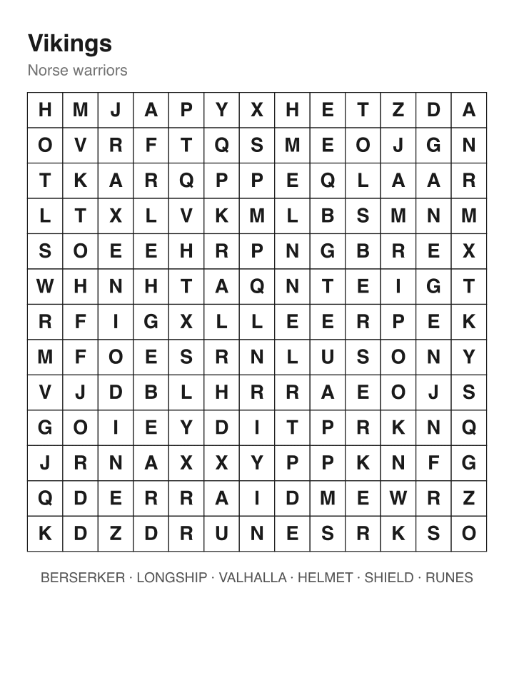 Vikings word search puzzle, 13 by 13 grid