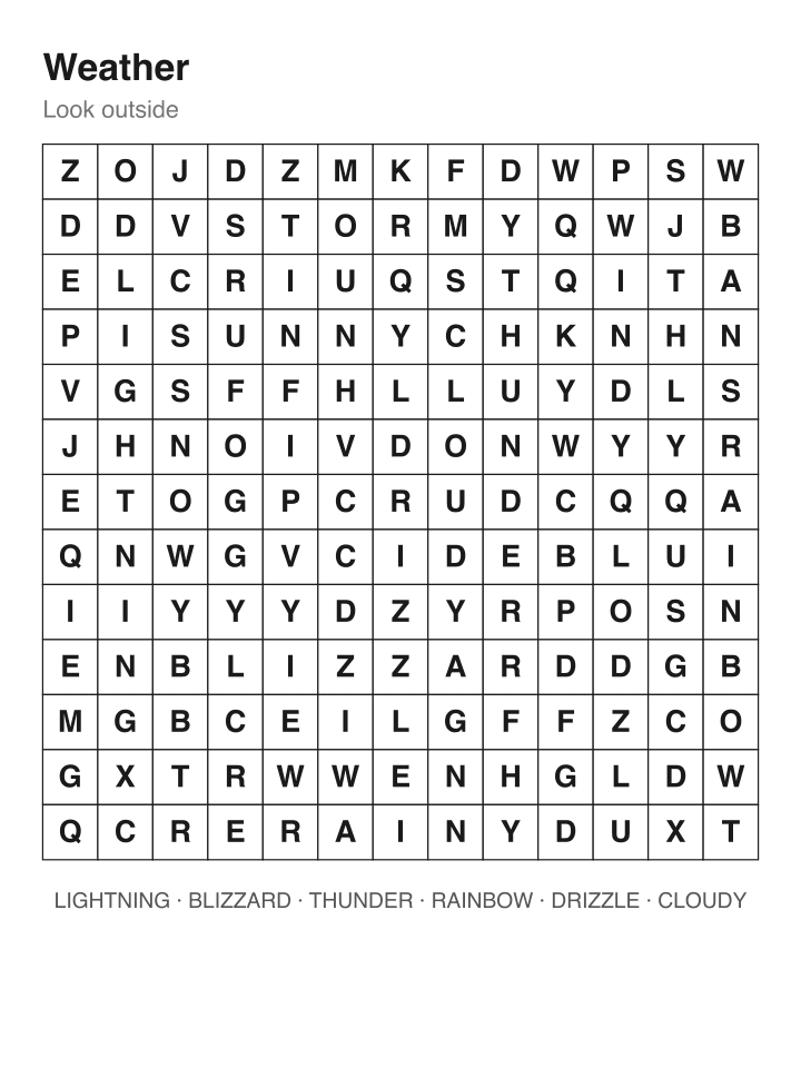 Weather word search puzzle, 13 by 13 grid