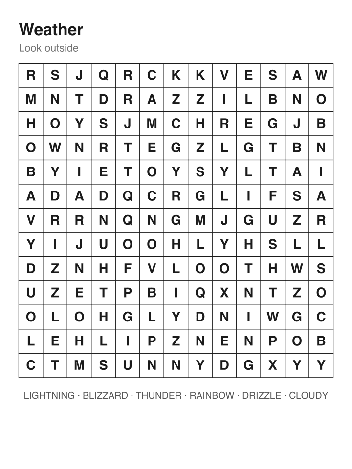Weather word search puzzle, 13 by 13 grid