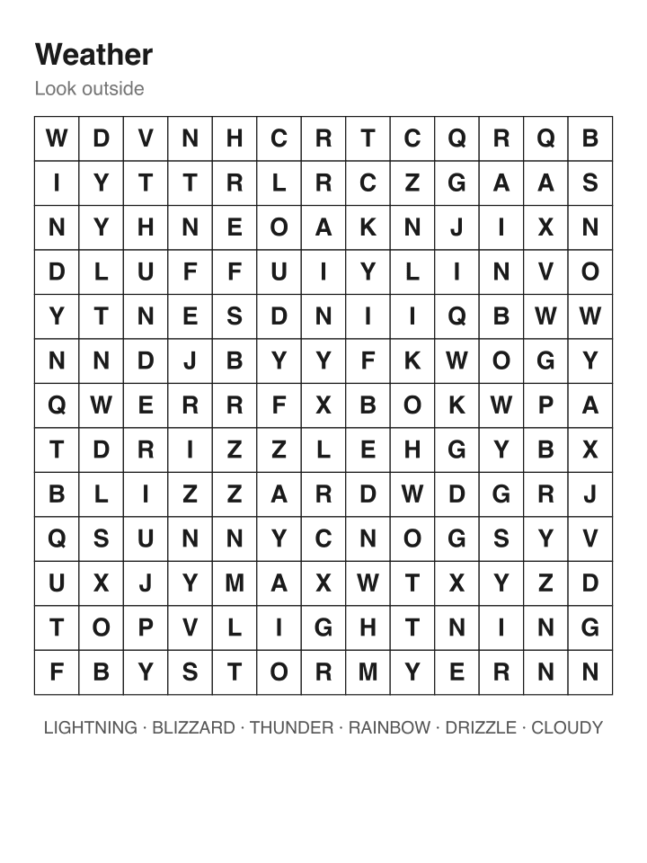 Weather word search puzzle, 13 by 13 grid