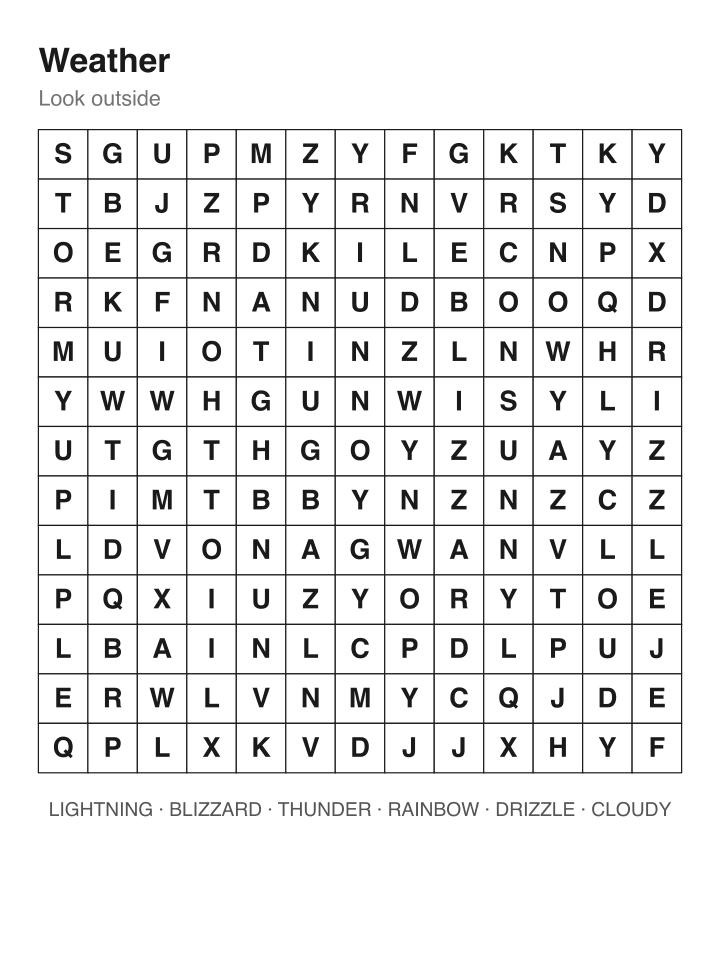 Weather word search puzzle, 13 by 13 grid