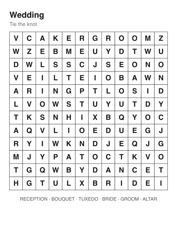 Wedding word search puzzle, 12 by 12 grid