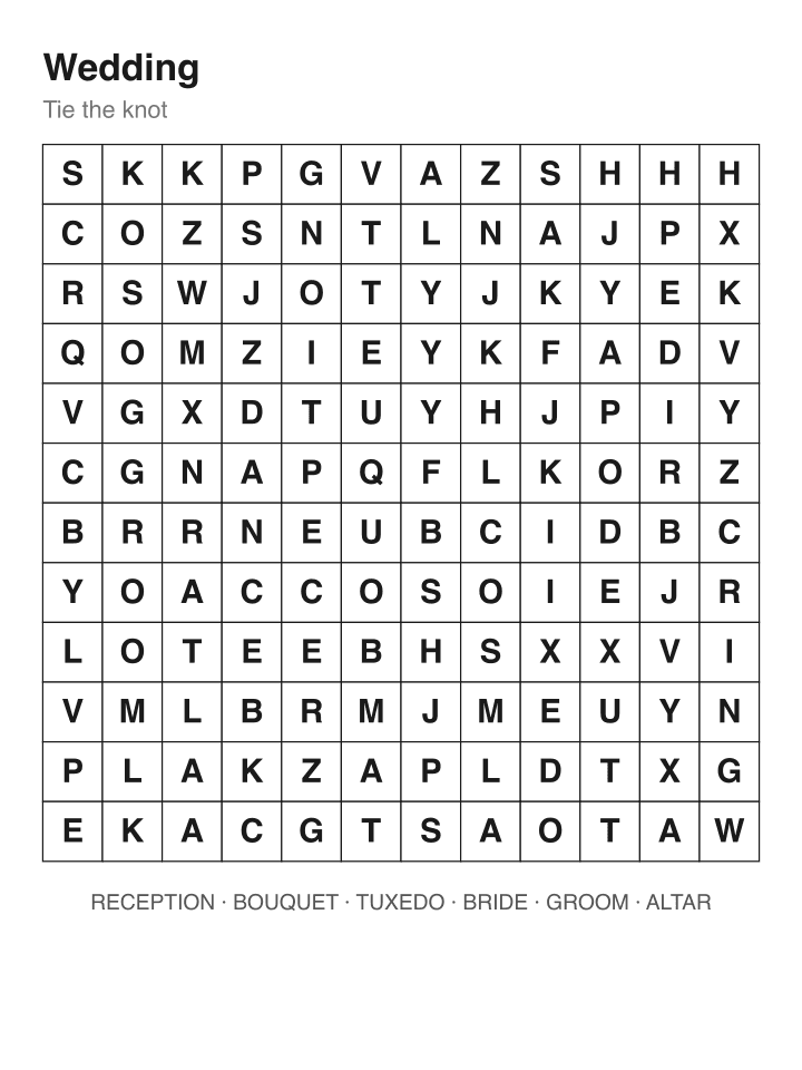 Wedding word search puzzle, 12 by 12 grid