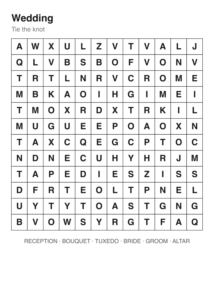 Wedding word search puzzle, 12 by 12 grid