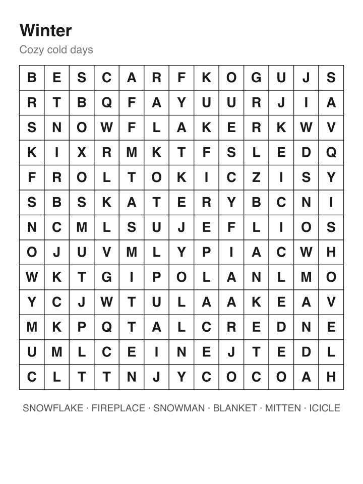 Winter word search puzzle, 13 by 13 grid