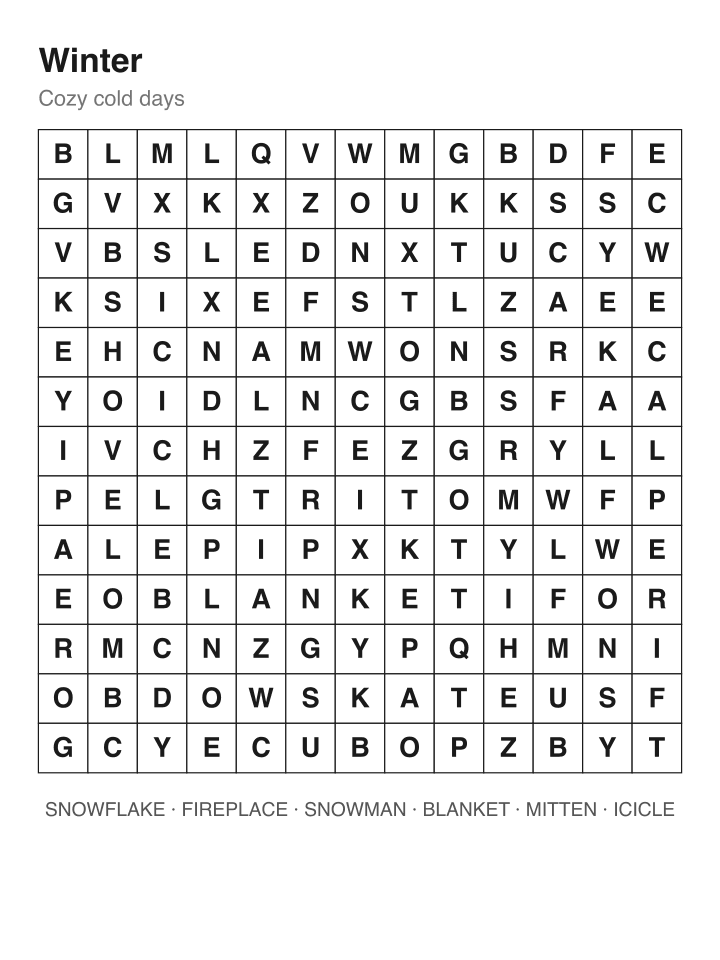 Winter word search puzzle, 13 by 13 grid