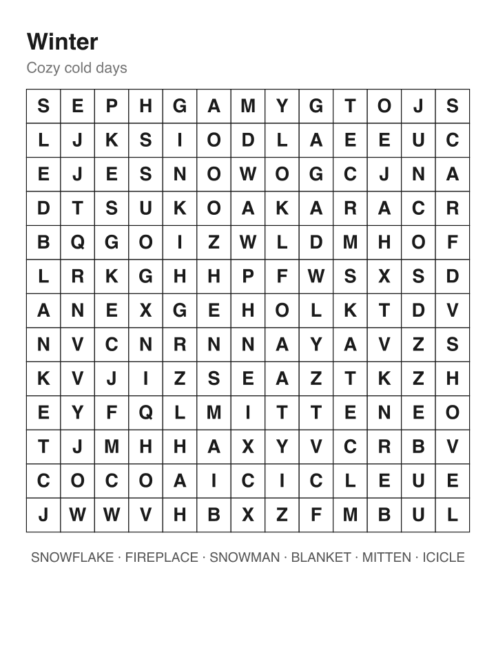 Winter word search puzzle, 13 by 13 grid