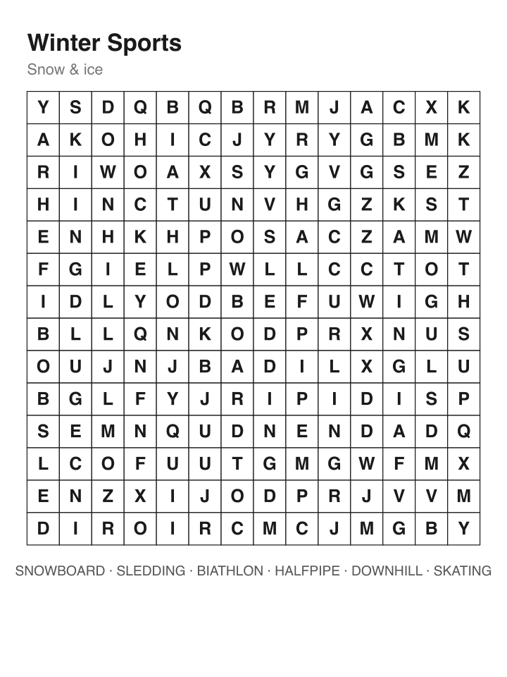 Winter Sports word search puzzle, 14 by 14 grid