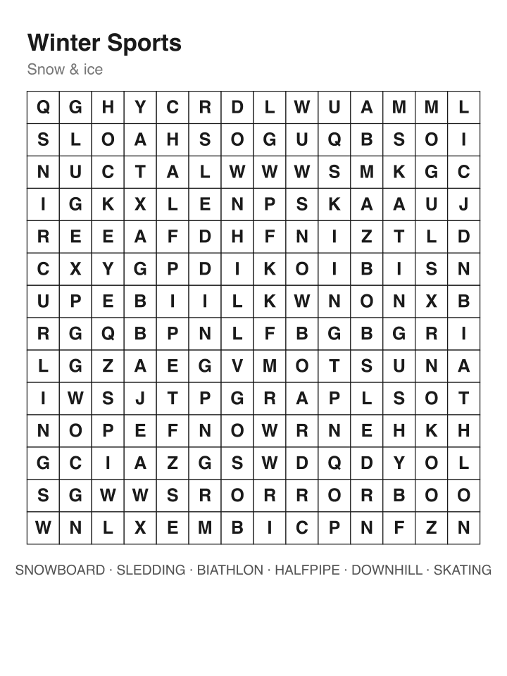 Winter Sports word search puzzle, 14 by 14 grid
