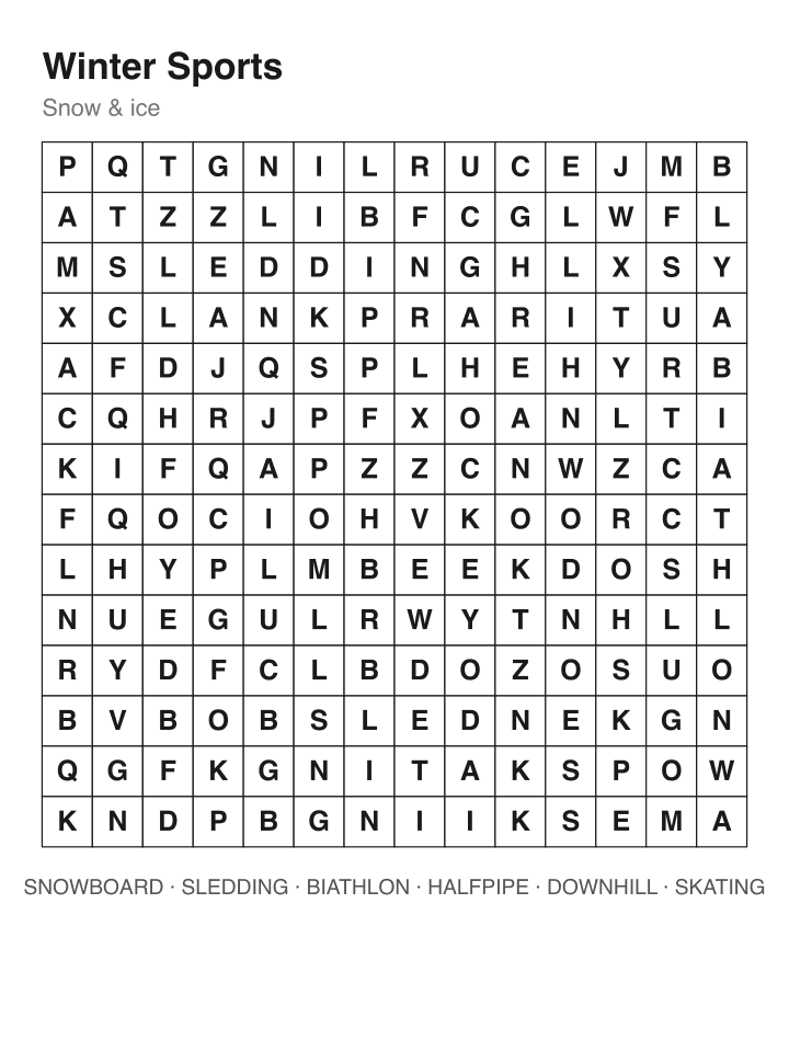 Winter Sports word search puzzle, 14 by 14 grid