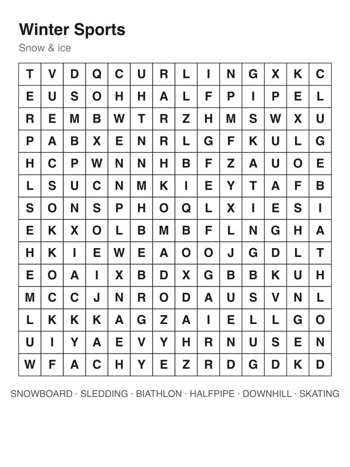 Winter Sports word search puzzle, 14 by 14 grid