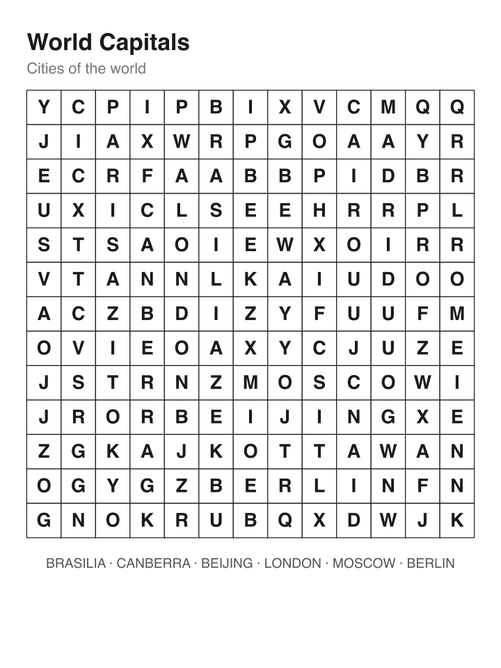 World Capitals word search puzzle, 13 by 13 grid