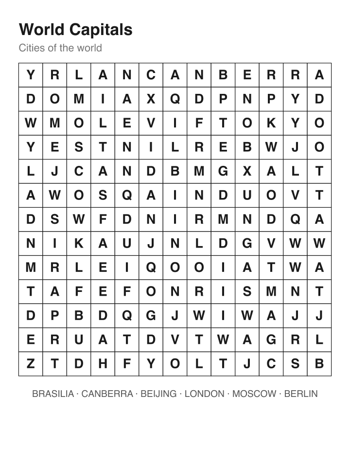 World Capitals word search puzzle, 13 by 13 grid