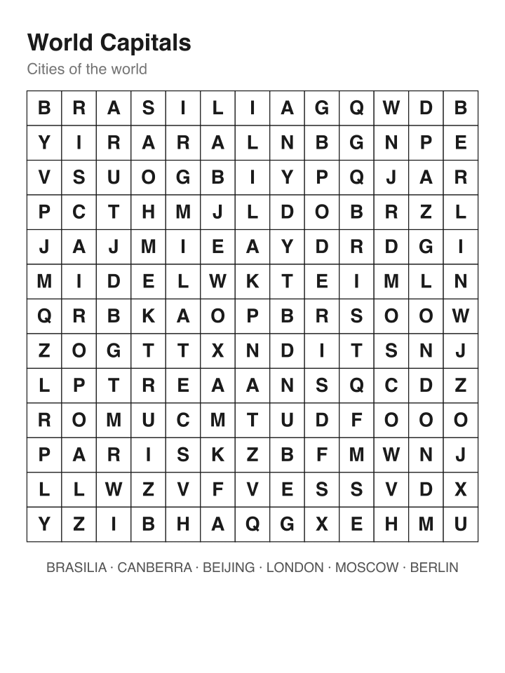 World Capitals word search puzzle, 13 by 13 grid