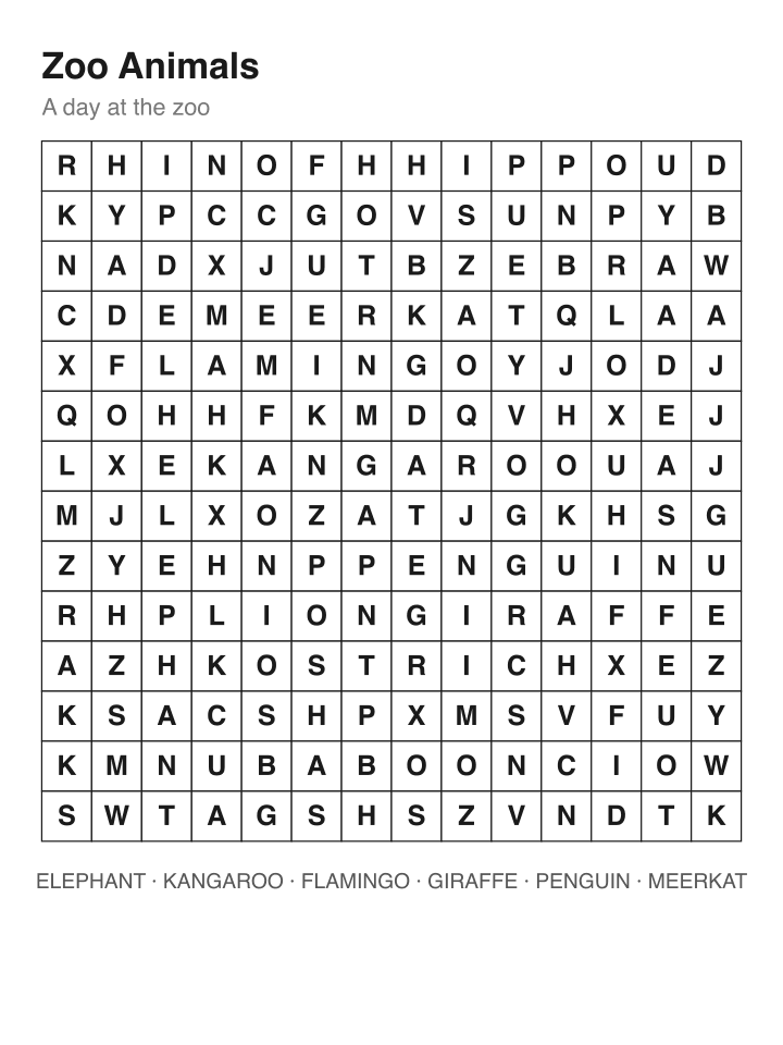 Zoo Animals word search puzzle, 14 by 14 grid