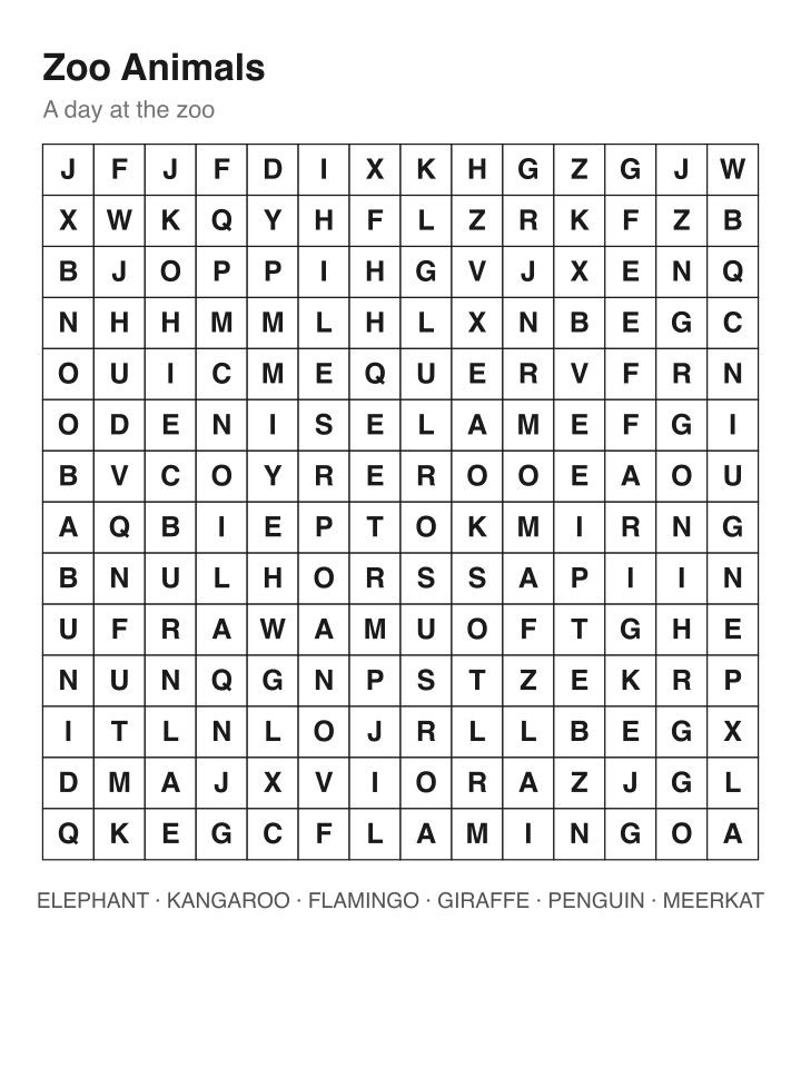 Zoo Animals word search puzzle, 14 by 14 grid