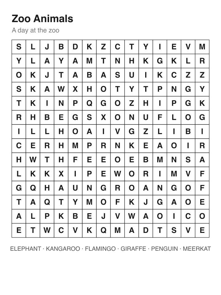 Zoo Animals word search puzzle, 14 by 14 grid